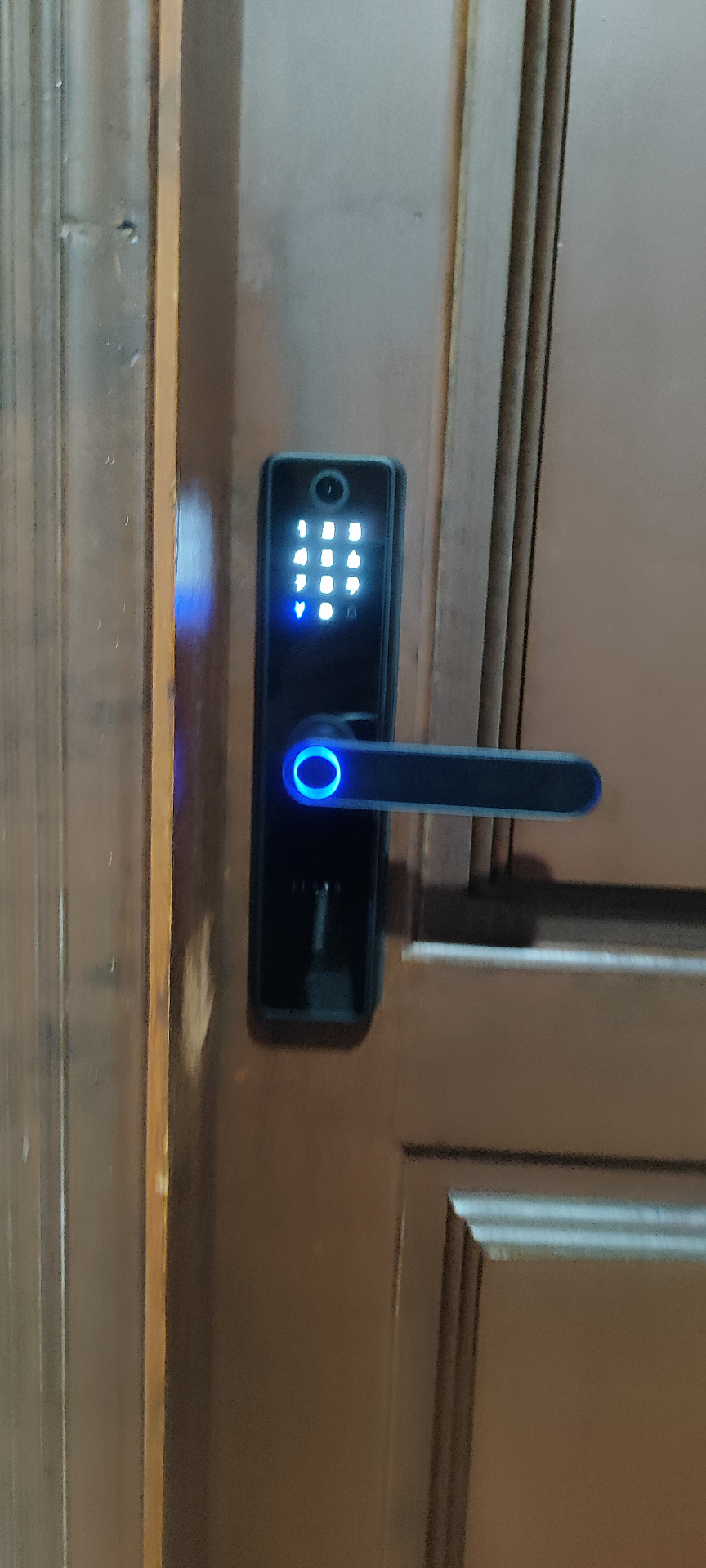Fechadura com biometria e teclado iluminado em porta de madeira